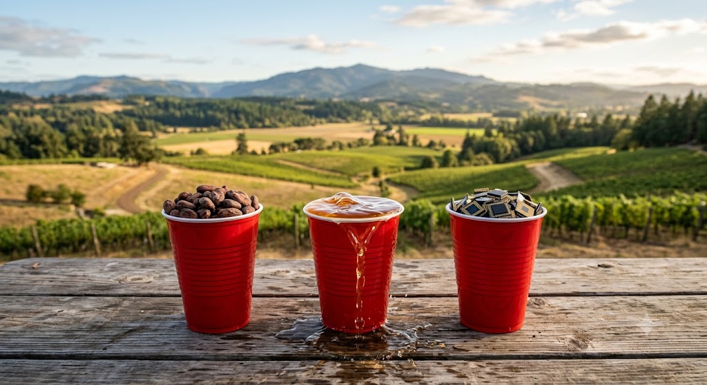 Three red cups on a wooden table overlooking rolling African farmland — one filled with cocoa beans, one overflowing with juice, and one packed with microchips