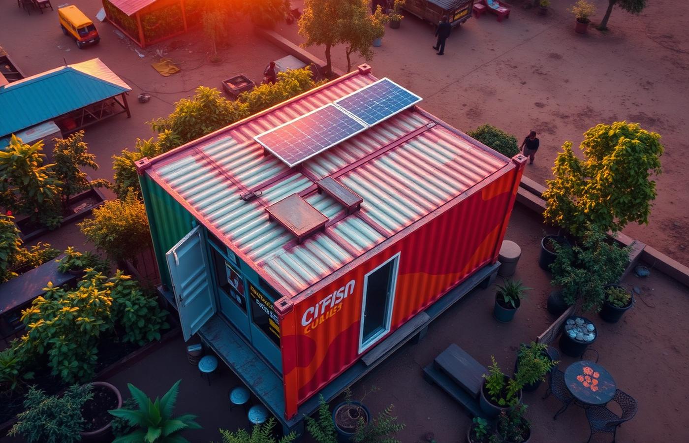 Aerial view of a colorful shipping-container digital classroom with solar panels