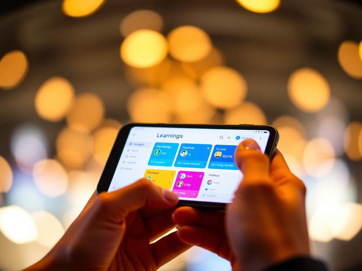 Hand holding a phone displaying the DOPE learning tracker dashboard